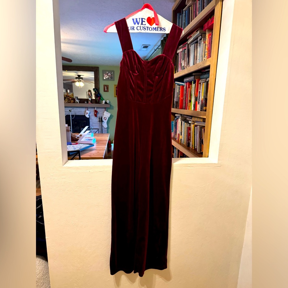 Burgundy velvet jumpsuit with corset